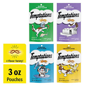TEMPTATIONS Classic Crunchy and Soft Cat Treats Feline Favorite Variety Pack, (4) 3 oz. Pouches