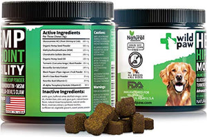 WILDPAW Organic Hemp Treats with Glucosamine for Dogs - Hip & Joint Support Supplement with Turmeric, Chondroitin, MSM, Hemp Oil + Powder - Soft Dog Chews for Pain Relief & Improved Mobility - Natural
