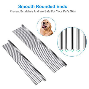 Cafhelp 2 Pack Dog Combs with Rounded Ends Stainless Steel Teeth, Cat Comb for Removing Tangles and Knots, Professional Grooming Tool for Long and Short Haired Dog, Cat and other pets, 6.3IN/7.4IN