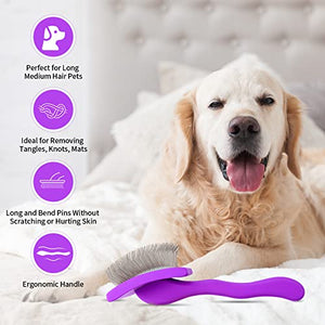 Pet Slicker Brush for Medium or Long Haired Dogs and Cats, Extra Long Pin Slicker Brush for Removes Loose Hair, Tangles, Knots, Best Grooming Brush for Professional Pet Groomers, Free Dog Comb, Large