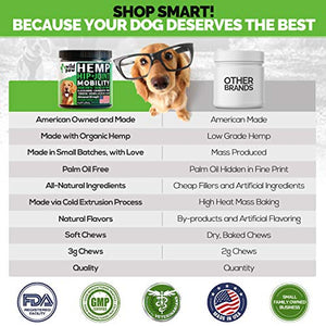 WILDPAW Organic Hemp Treats with Glucosamine for Dogs - Hip & Joint Support Supplement with Turmeric, Chondroitin, MSM, Hemp Oil + Powder - Soft Dog Chews for Pain Relief & Improved Mobility - Natural